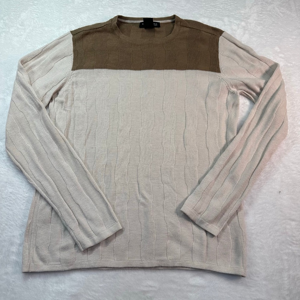 Kenneth Cole‎ New York Sweater Mens Small Cream Brown Colorblock Textured Knit